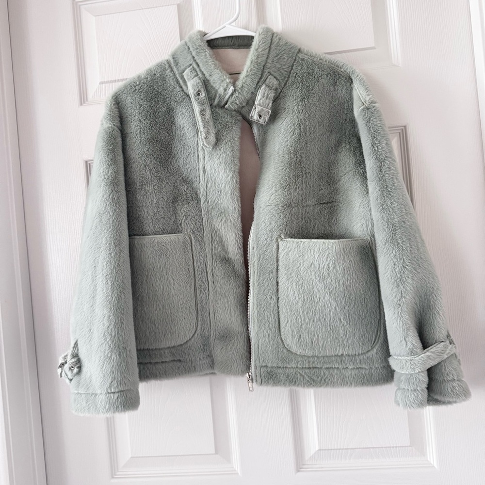 Mint Green Faux Fur Jacket Cozy Zip Up Buckle Detail and Pockets Outerwear Small